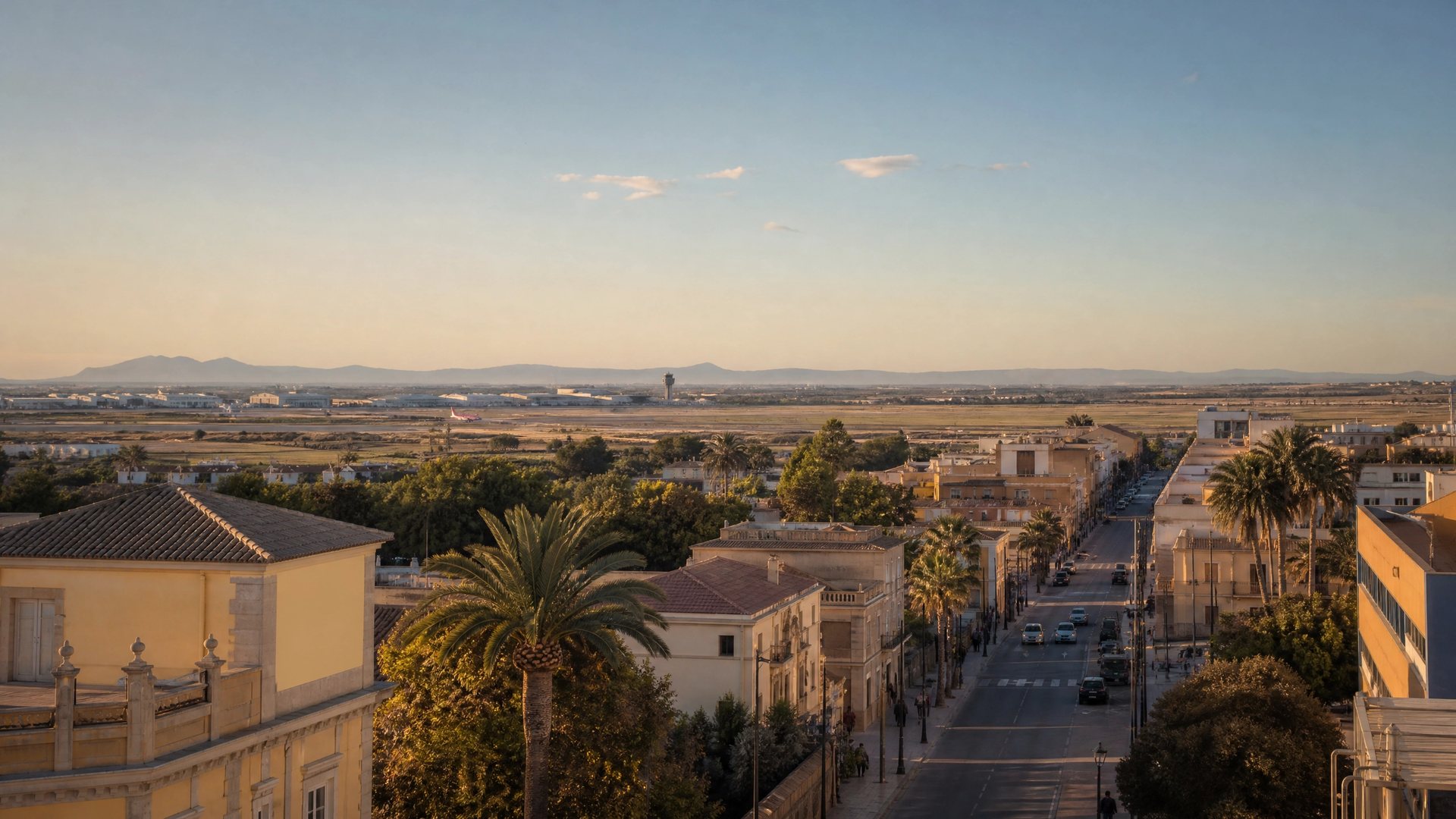 Avenida mediterránea de Torrellano al atardecer